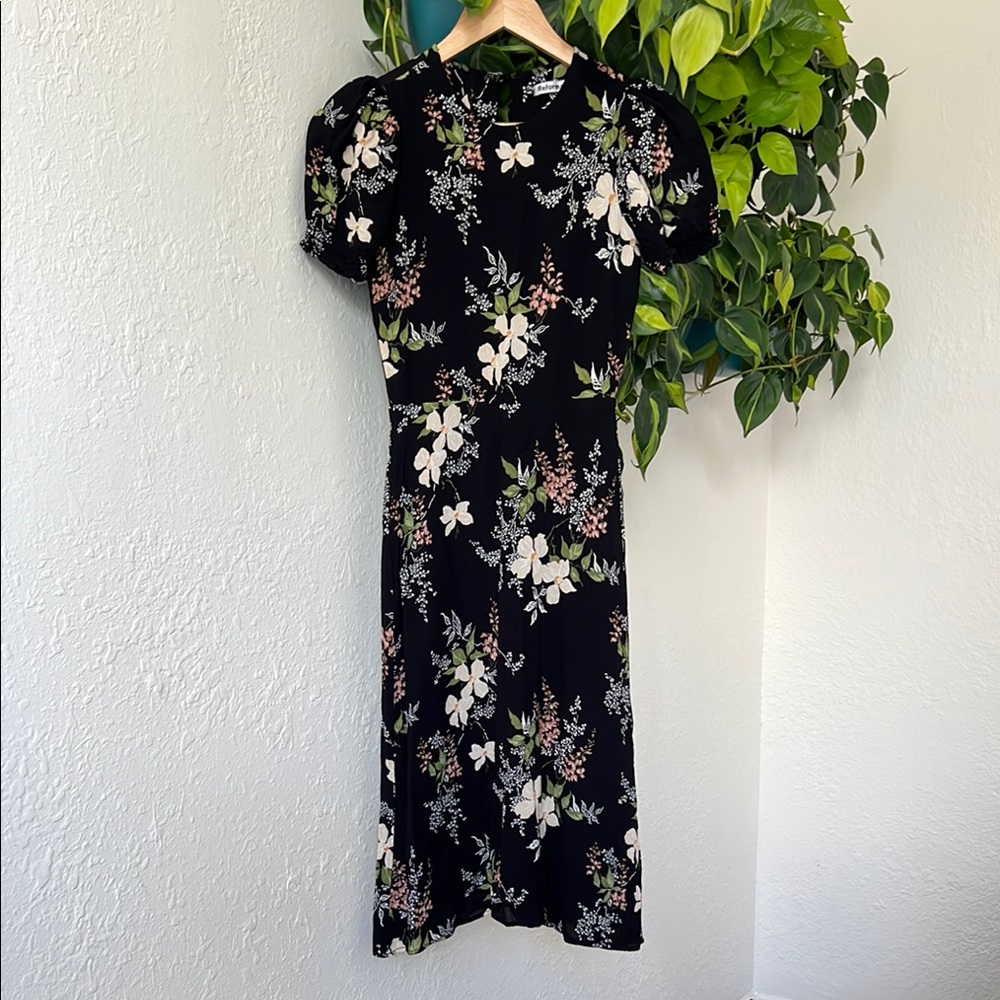 Reformation Black and White Puff Sleeve Midi Dress